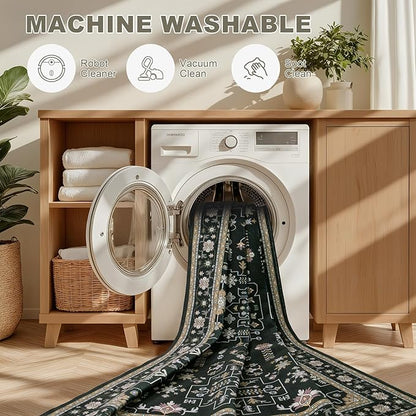 5x7 Area Rugs Living Room Rug: Washable Vintage Boho Medallion Rug No Slip Stain Resistant Soft Carpet Indoor Floor Large Carpets for Bedroom Dining Room Farmhouse Nursery Hallway Home Office Black