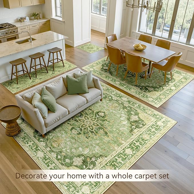 Area Rugs 5'x7' Washable Non-Slip, Floral Vintage Distress Print Pattern Medallion Carpet for Living Room Bedroom Dining Room, Sage Green Yellow