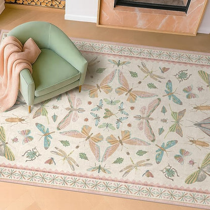Hazo Haus Neutral Girl Nursery Rug 4x6 - Beige & Pink Rugs for Bedroom, Living Room - Washable Low Pile Non-Slip Charming Insect Print Vintage Girly Design, Perfect for Kids Rooms