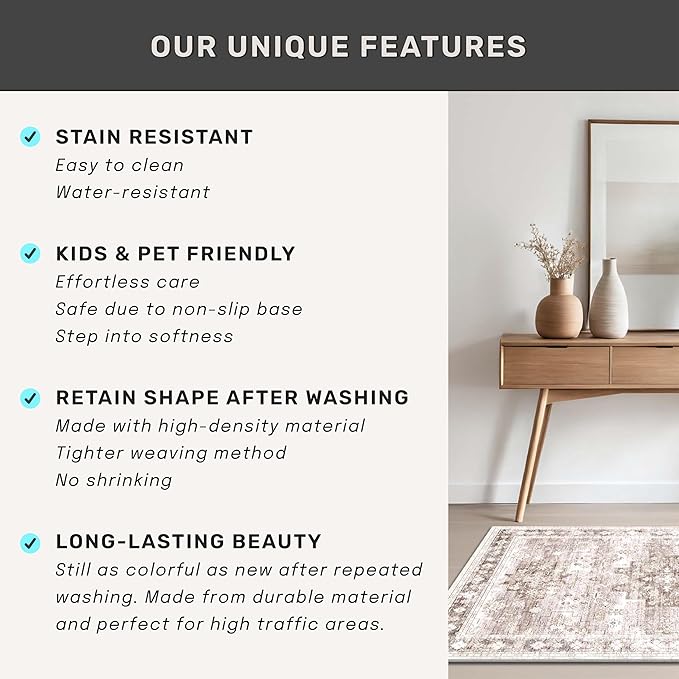 Hazo Haus Boho Long Bathroom Runner Rug 24 x 72 Washable Non Slip - Soft Stain Reistant Rugs for Kitchen, Laundry Room, Hallway Runner - Neutral Floral Design Décor (2x6 Beige/Latte)