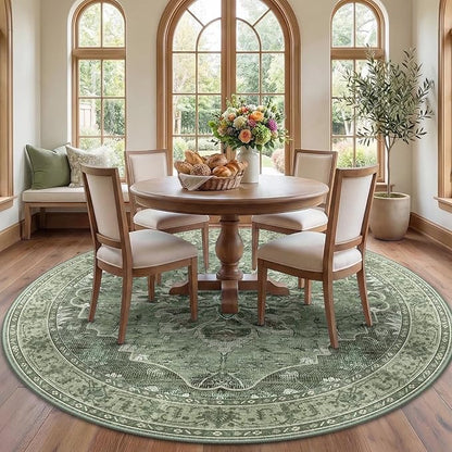RELEANY Area Rugs 7ft Washable Non-Slip, Floral Vintage Distress Print Pattern Medallion Carpet for Living Room Bedroom Dining Room, Dark Green Gray