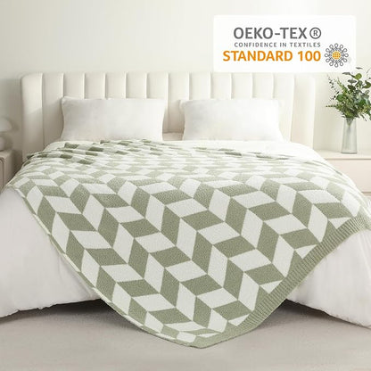 Snuggle Sac Sage Green Bedding Blankets Twin Size, Super Soft Warm Blankets Oversized Cozy Knit Fuzzy Blanket for Living Room, Chevron Green,60x80 inches