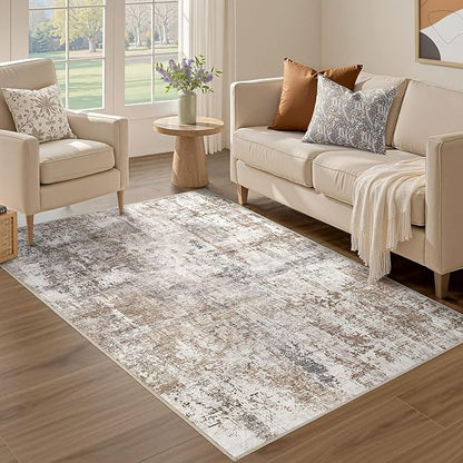 UERMEI 3x5 Area Rug Living Room Rugs - Washable Neutral Modern Abstract Soft Thin Rug Indoor Floor No Slip Rug Carpet for Bedroom Under Dining Table Home Office Decor - Brown/Grey/Red