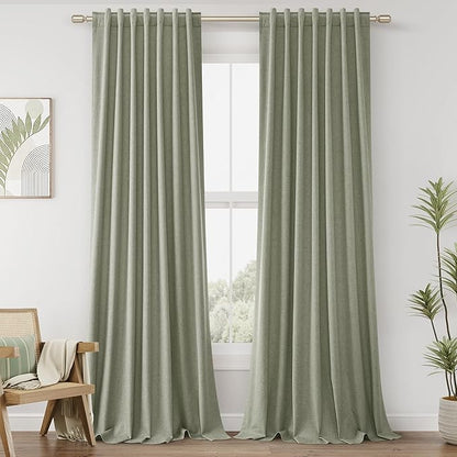 Sage Green 100% Blackout Linen Curtains 144 Inch Length 2 Panels Set for Living Room Bedroom Back Tab Thermal Insulated Black Out Drapes Room Darkening Farmhouse Style for Bedroom Window Curtains