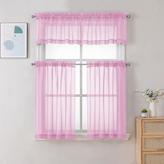 Chyhomenyc Pink Sheer Valances for Windows - Light Filtering Small Kitchen Curtains, Rod Pocket Short Top Window Treatment Decor for Living Room Bathroom Basement, 42Wx16L inches, 2 Panels