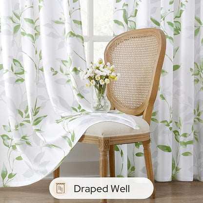 HOMEIDEAS Kitchen Curtains, Short Non-See-Through Privacy 30X36 Inch Length Tier Curtains, Green and White Leaf Floral Print Light Filtering Semi Sheer Small Window Drapes for Bathroom Cafe, 2 Panels