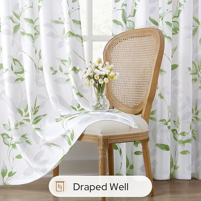 HOMEIDEAS Kitchen Curtains, Short Non-See-Through Privacy 30X24 Inch Length Tier Curtains, Green and White Leaf Floral Print Light Filtering Semi Sheer Small Window Drapes for Bathroom Cafe, 2 Panels