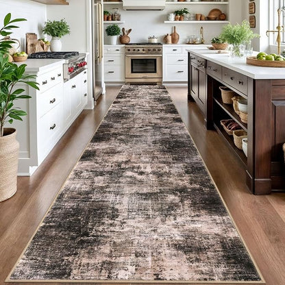 IOHOUZE Abstract Runner Rug 3x16 Ft Washable Runners for Hallways, Non Slip Kitchen Runner Printed Faux Wool Entryway Runner Indoor, Modern Abstract Floor Carpet for Hall Stair, Brown/Rust