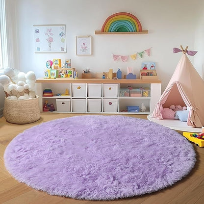 ONASAR Light Purple Round Area Rugs 5ft, Soft Bedroom Circle Rug Floor Mats for Kids Girls Teen, Cute Fluffy Plush Shaggy Carpet for Nursery Dorm Living Room Playroom Home Decor Princess Castle