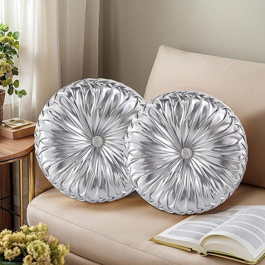 HIG Set of 2 Handcrafted Silver Ruched Round Throw Pillows – 14.5’’ Metallic Leather Decorative Pillows with Soft Polyester Filling for Couch, Bed, Living Room, Bedroom, or Dorm