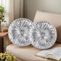 HIG Set of 2 Handcrafted Silver Ruched Round Throw Pillows – 14.5’’ Metallic Leather Decorative Pillows with Soft Polyester Filling for Couch, Bed, Living Room, Bedroom, or Dorm