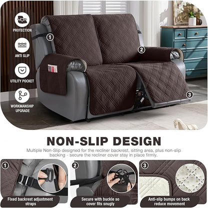 TAOCOCO 100% Waterproof Loveseat Recliner Cover, Non Slip Split Loveseat Covers for Reclining Sofa with Elastic Straps, Washable Recliner Chair/Furniture Protector for Pets(2 Seater, Chocolate)