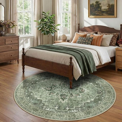 RELEANY Area Rugs 7ft Washable Non-Slip, Floral Vintage Distress Print Pattern Medallion Carpet for Living Room Bedroom Dining Room, Dark Green Gray