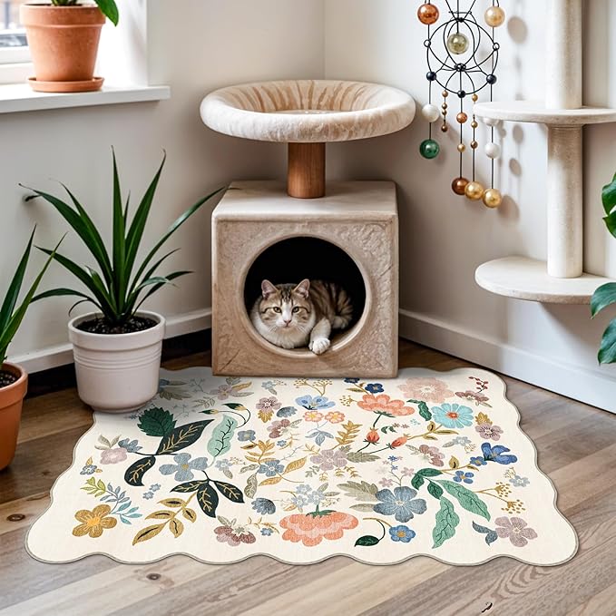 Washable 2x3 Entryway Scalloped Rug: Floral Thin Door Mat Non Slip Water Resistant Kitchen Bathroom Area Rug Indoor Ultra Soft Carpet for Laundry Nursery Living Room Bedroom Soft Floor Mat (2x3,Cream)