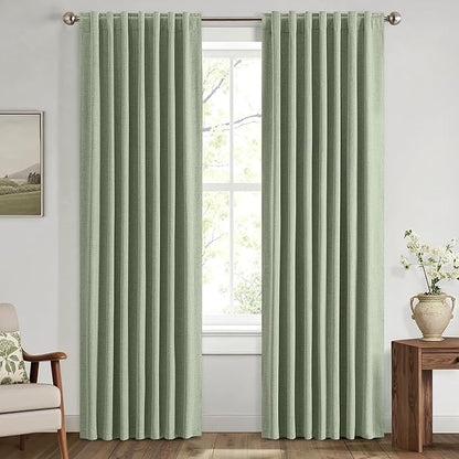 MIULEE 100% Blackout Linen Curtains for Bedroom, Sage Green Solid Luxury Decor Thermal Insulation Room Darkening Drapes for Living Room Nursery Back Tab Rod Pocket 42 x 72 Inches, 2 Panels