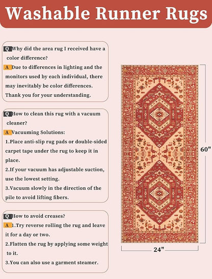 SERISSA Boho Washable Runner Rug, 2x5 Rug Runner Non-Slip Vintage Red Hallway Kitchen Runner Rug Ultra Soft Print Distressed Floor Carpet Runner for Bedroom Bathroom Laundry Living Room