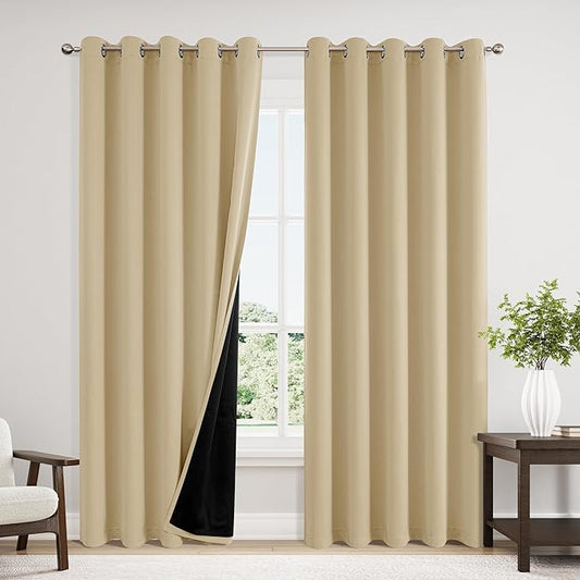ChrisDowa 100% Blackout Curtains 84 inch Long for Bedroom with Black Liner, Extra Wide 2 Thick Layers Total Blackout Thermal Insulated Grommet Window Curtains 2 Panels Set (Beige, 60 x 84 Inch)