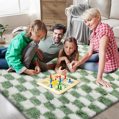 Area Rugs for Bedroom Living Room,6x9 Green and White Fluffy Soft Checkered Rug Fuzzy Shag Shaggy Carpet, Indoor Plush Floor Rugs for Kids Boys Girls Teen Dorm Nursery Home Decor