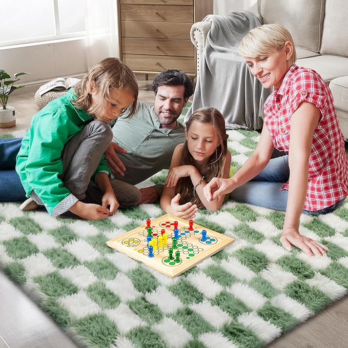 Area Rugs for Bedroom Living Room,4x6 Green and White Fluffy Soft Checkered Rug Fuzzy Shag Shaggy Carpet, Indoor Plush Floor Rugs for Kids Boys Girls Teen Dorm Nursery Home Decor