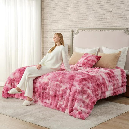 Cozy Bliss Faux Fur Throw Blanket for Bed King Size, Bubble Plush Blanket, Fuzzy Soft & Thick Blanket for Bed Sofa Living Room, 108x90 Inches Tie-dye Pink