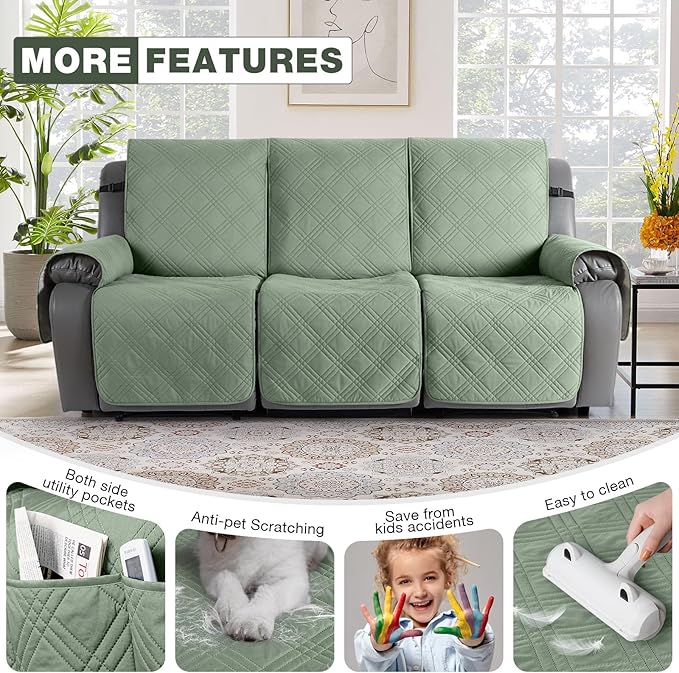 TAOCOCO 100% Waterproof Recliner Sofa Cover, Non Slip Split Couch Covers for Reclining Couches with Straps, Washable Reclining Sofa Cover Furniture Protector for Kids Pets(3 Seater, Sage Green)
