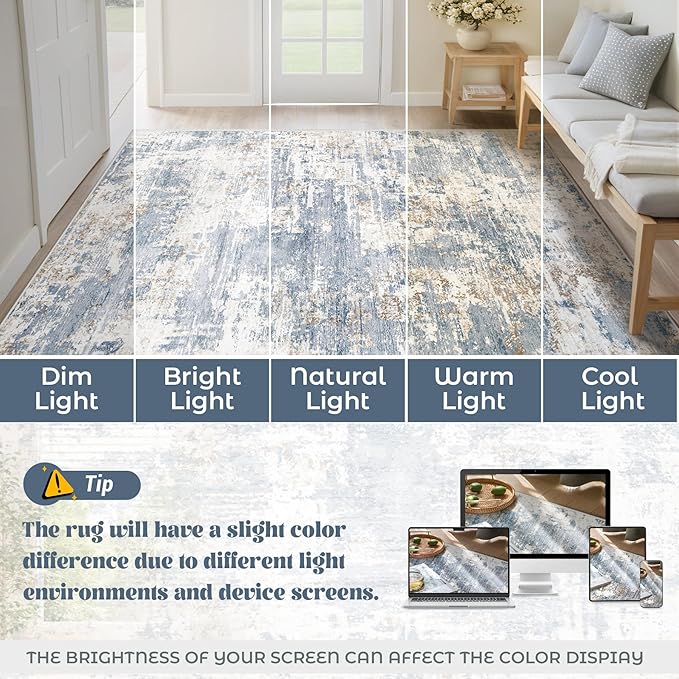 XLUEZ 6x9 Area Rugs for Living Room, Washable Modern Abstract Large Area Rug Neutral Soft Non Slip Kids Rug Stain Resistant Indoor Carpet for Bedroom Nursery Dining Room Playroom(Blue, 6'x9')
