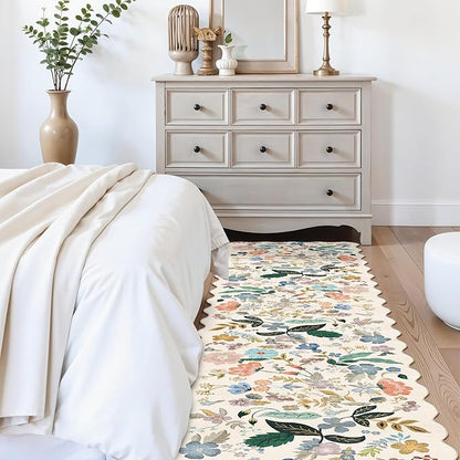 Washable Hallway 2'6x12 Runner Rug: Floral Scalloped Rug for Kitchen Entryway Farmhouse Soft Carpet for Bathroom Bedroom Thin Laudry Living Room Floor Mat with Non Slip Backing(2'6''x12',Cream)