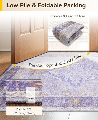 RELEANY Area Rugs 3'x5' Washable Non-Slip, Floral Vintage Distress Print Pattern Medallion Carpet for Living Room Bedroom Dining Room, Light Purple Brown