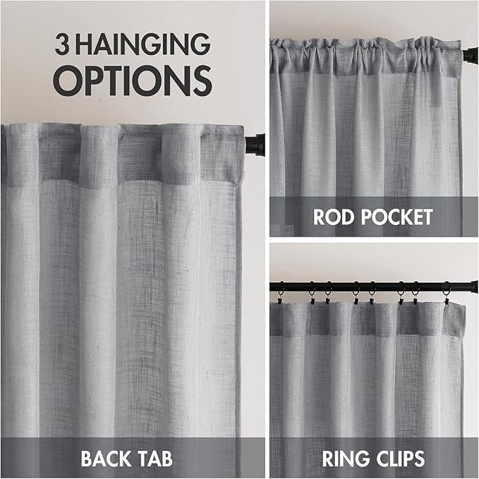 MIULEE Grey Linen Curtains 84 Inch Length for Bedroom Living Room, Soft Thick Linen Textured Window Drapes Gray Semi Sheer Light Filtering Rod Pocket Back Tab Burlap Look, 2 Panels, 37x84 Inches