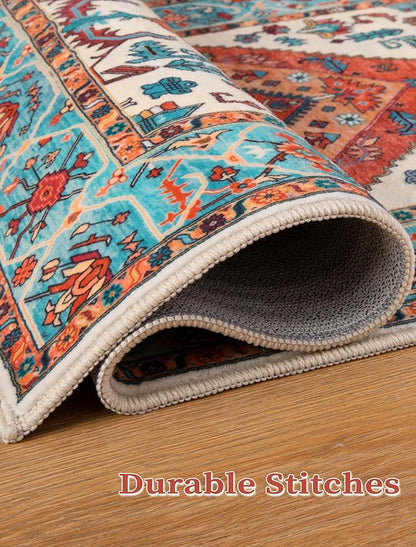 SERISSA Boho Washable Runner Rug, 2'6"x10' Rug Runner Non-Slip Vintage Orange Hallway Kitchen Runner Rug Ultra Soft Print Distressed Tribal Floor Carpet Runner for Bedroom Bathroom Laundry Room