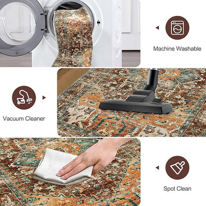 Yamaziot Washable Runner Rug, 3x8 Non-Slip Boho Vintage Hallway Rug with Rubber Backing, Low Pile Faux Wool Distressed Carpet Runner for Bedroom, Kitchen, Laundry, Entrance