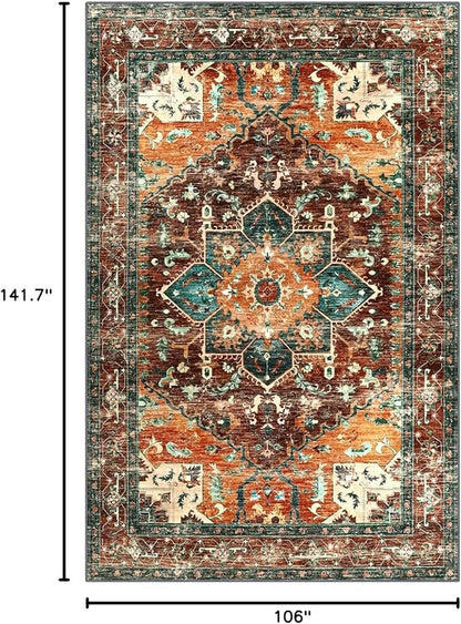 Yamaziot Area Rug 9x12 Large Rug, Non-Slip Washable Boho Vintage Living Room Bedroom Rug with Rubber Backing, Low Pile Faux Wool Soft Distressed Floor Carpet for Living Room, Bedroom