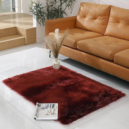 linmopm Faux Fur Rug Sheepskin Shag Fluffy Fuzzy Red 3x4 ft Rugs for Bedroom Bedside Bed Floor Living Room Plush Rectangle High-Density Cushion Carpet Super Sofa Cover