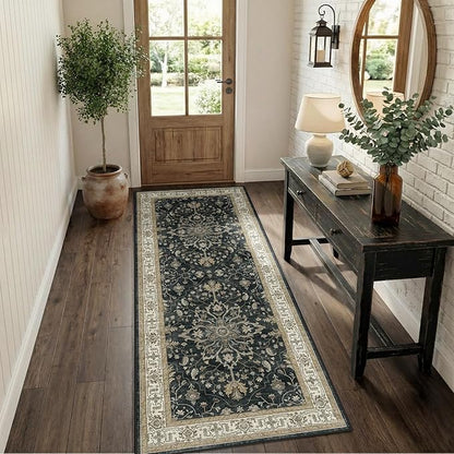 RELEANY Area Rugs 2'x6' Runner Rug Non Slip Washable for Kitchen Hallway Bedroom Beside Laundry Room Bathroom Rug, Floor Carpet, Vintage Black Brown Neutral