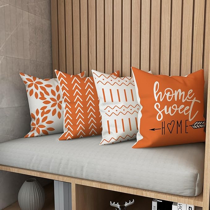 YCOLL Fall Pillow Covers 22x22 Set of 4, Modern Sofa Throw Pillow Cover for Fall Decor, Decorative Outdoor Linen Fabric Pillow Case for Couch Bed Car, Orange
