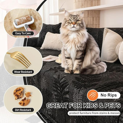 HANDONTIME Washable Couch Covers for Sofa Boho Couch Covers for 3 Cushion Sofa Pet Friendly Black Chenille Jacquard Couch Protector for Dogs Plant Branch Sectional Cover Sofa Slipcovers, 71" X 134"