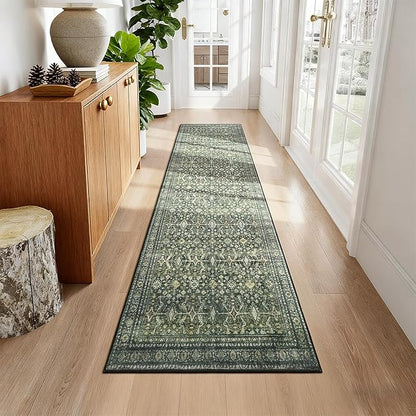 Lofus 2X 8 Area Rug for Hallways,Green Washable Runner Rugs with Non Slip Rubber Backing, Low Pile Soft Carpet Runner for Kitchen Bathroom Bedroom Laundry