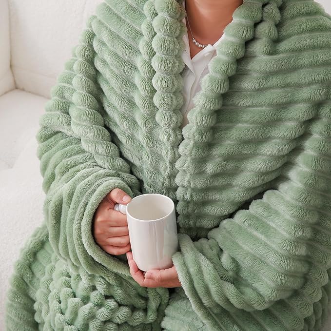 Sage Green Fleece Throw Blanket 50”×60” for Couch Sofa Bed,Super Soft Cozy Plush Microfiber Flannel Blanket with Stripes Design Lightweight for Adults,Woman,Girls