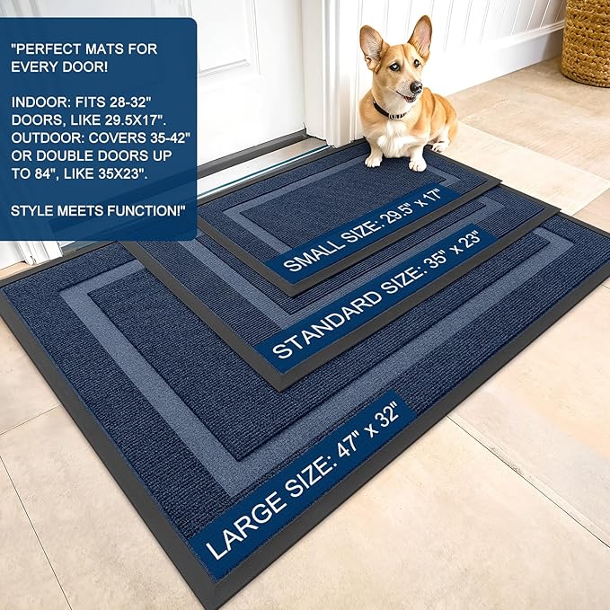 OLANLY Front Door Mat Indoor Outdoor Entrance, Waterproof All-Season, All-Weather Doormat, Sturdy Natural Rubber, Fade Resistant, Low Profile, Easy Clean Patio Porch Entryway Mat, 71x23, Blue