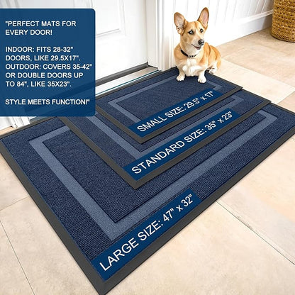 OLANLY Front Door Mat Indoor Outdoor Entrance, Waterproof All-Season, All-Weather Doormat, Sturdy Natural Rubber, Fade Resistant, Low Profile, Easy Clean Patio Porch Entryway Mat, 59x30, Blue