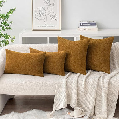 MIULEE Pack of 2 Couch Throw Pillow Covers 18x18 Inch Soft Mustard Chenille Pillow Covers for Sofa Living Room Solid Dyed Pillow Cases