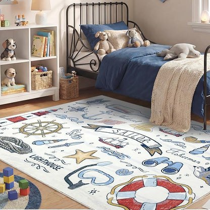 OPPODREAM Nautical Soft Area Rugs 5x7, Washable White Rug with Non Slip Backing, 5 x 7 Faux Cashmere Low-Pile 5x7 Carpet