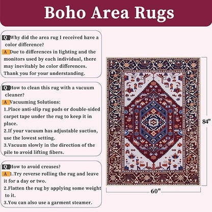 SERISSA 5x7 Boho Area Rug, Washable Non-Slip Rugs for Living Room, Large Burgundy Navy Rug Ultra Soft Vintage Oriental Print Distressed Carpet for Bedroom Dining Room Dorm Office Home Decor