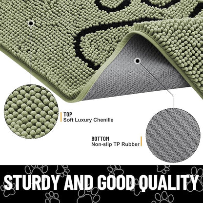 Smiry Dog Door Mat for Muddy Paws, Absorbent Dirt Trapper Non Slip Quick Dry Washable Chenille Mat for Mud Dogs, Entry Rug for Indoor and Outdoor (36x24 Inches, Sage Green and Black)