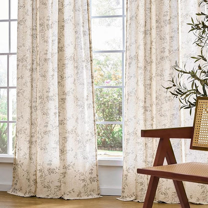 Lazzzy Grey Floral Linen Curtains 84 Inch Length Farmhouse Curtain Back Tab Drapes for Living Room Bedroom Light Filtering Vintage Rod Pocket Curtains, 2 Panels, Gray on Beige