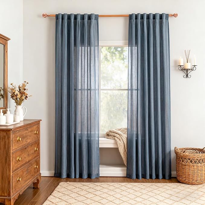 MYSKY HOME Curtains for Living Room 84 Inches Long Semi Sheer Light Filtering Privacy Drapes Linen Look Textured Boho Home Decor, Backdrop Curtain for Parties, 50" x 84", Dusty Blue, 2 Panels