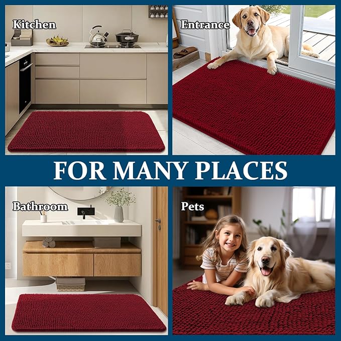 OLANLY Dog Door Mat for Muddy Paws 70x35, Absorbs Moisture and Dirt, Absorbent Non-Slip Washable Doormat, Quick Dry Chenille Mud Mat for Dogs, Entry Indoor Entryway Carpet for Inside Floor, Red