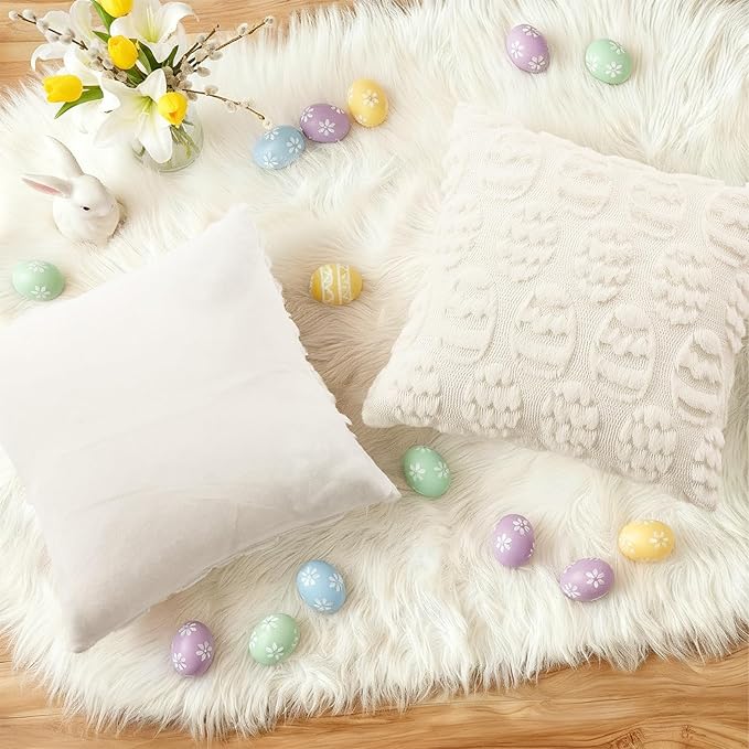 decorUhome Easter Cream White Egg Pillow Covers 18x18 Inch Set of 2, Soft Plush Faux Wool Jacquard Cushion Covers, Farmhouse Neutral Fuzzy Spring Easter Holiday Decor for Couch Sofa Bed