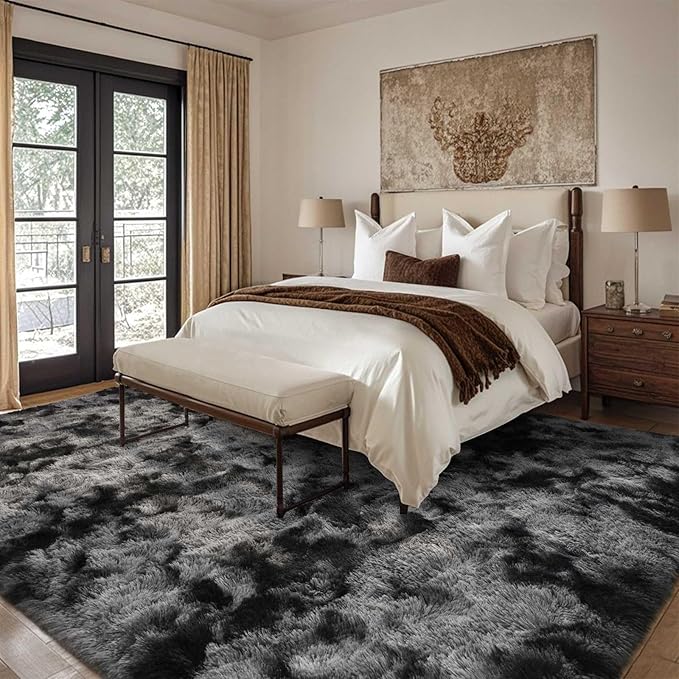 9x12 Ft Extra Large Shag Rugs for Living Room, Tie Dyed Ultra Soft Fluffy Furry Area Rugs for Bedroom Indoor Floor, Aesthetic Carpet for Kids Home Decor (Dark Grey)
