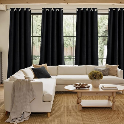 NICETOWN Short Faux Linen Black Blackout Curtains 63 inches Long for Kitchen - Privacy Panels for Living Room Bedroom, Modern Farmhouse Style Easy Care Grommet Top, 2 Panels, W42 by L63
